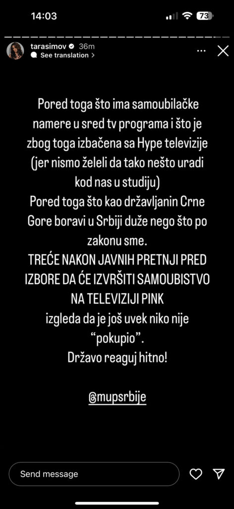Foto instagram tara simov “državo reaguj odmah”