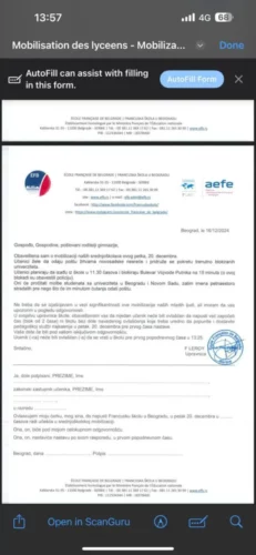 Foto email upravnici škole u Beogradu