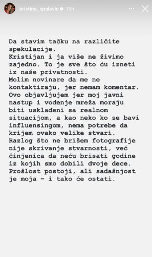 Kristina Spalević o rastanku sa Kristijanom Golubovićem foto:Instagram printscreen:Kristina Spalevic